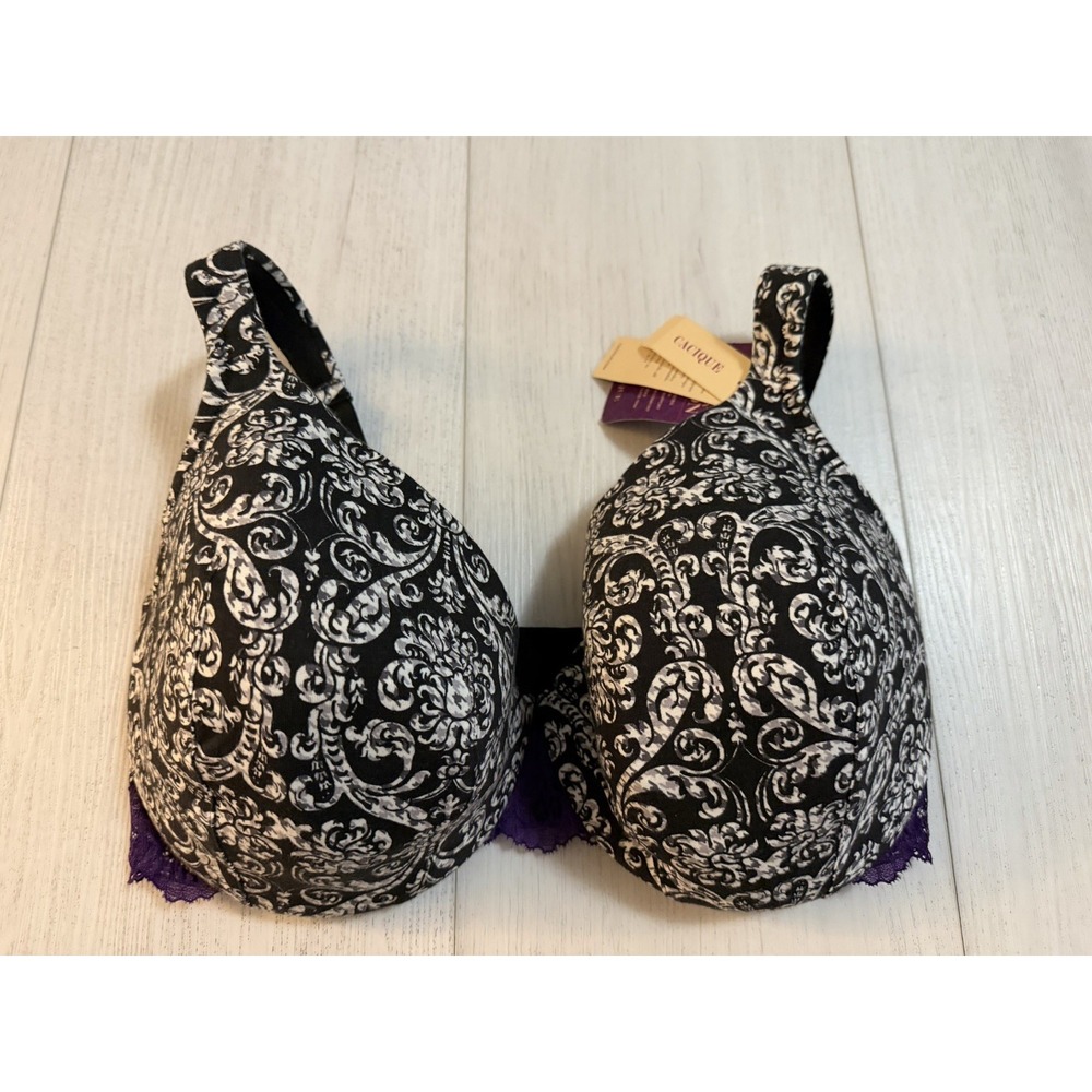 NWT Cacique Cotton Lace Trim Full Coverage Bra Sz 38F Black White